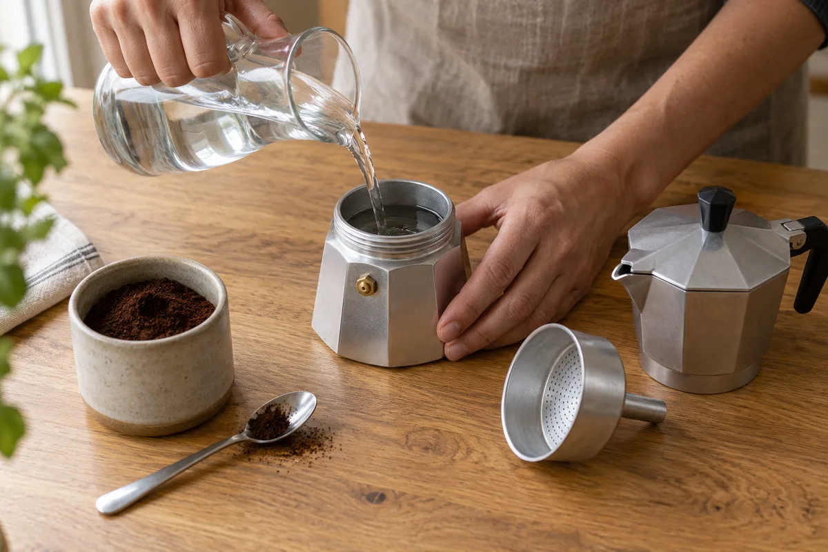 Mains remplissant d&rsquo;eau la base d&rsquo;une cafetière moka démontée sur un plan de travail en bois