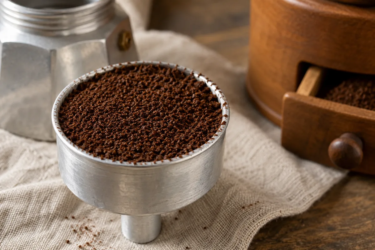 Filtre-entonnoir de cafetière italienne rempli de café moulu à ras, sans tassement