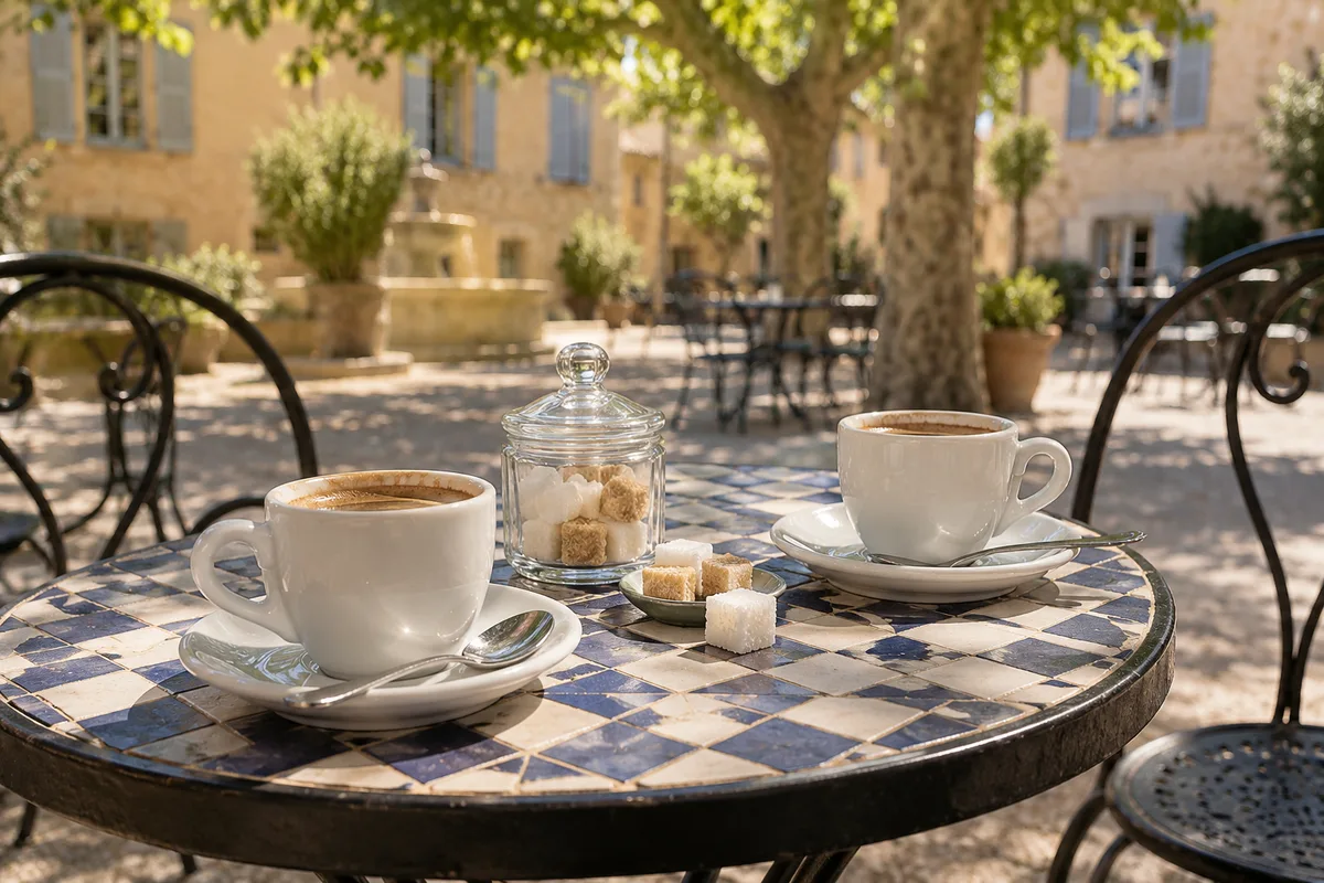 Deux petites tasses de café serré sur une table de terrasse en fer forgé au soleil