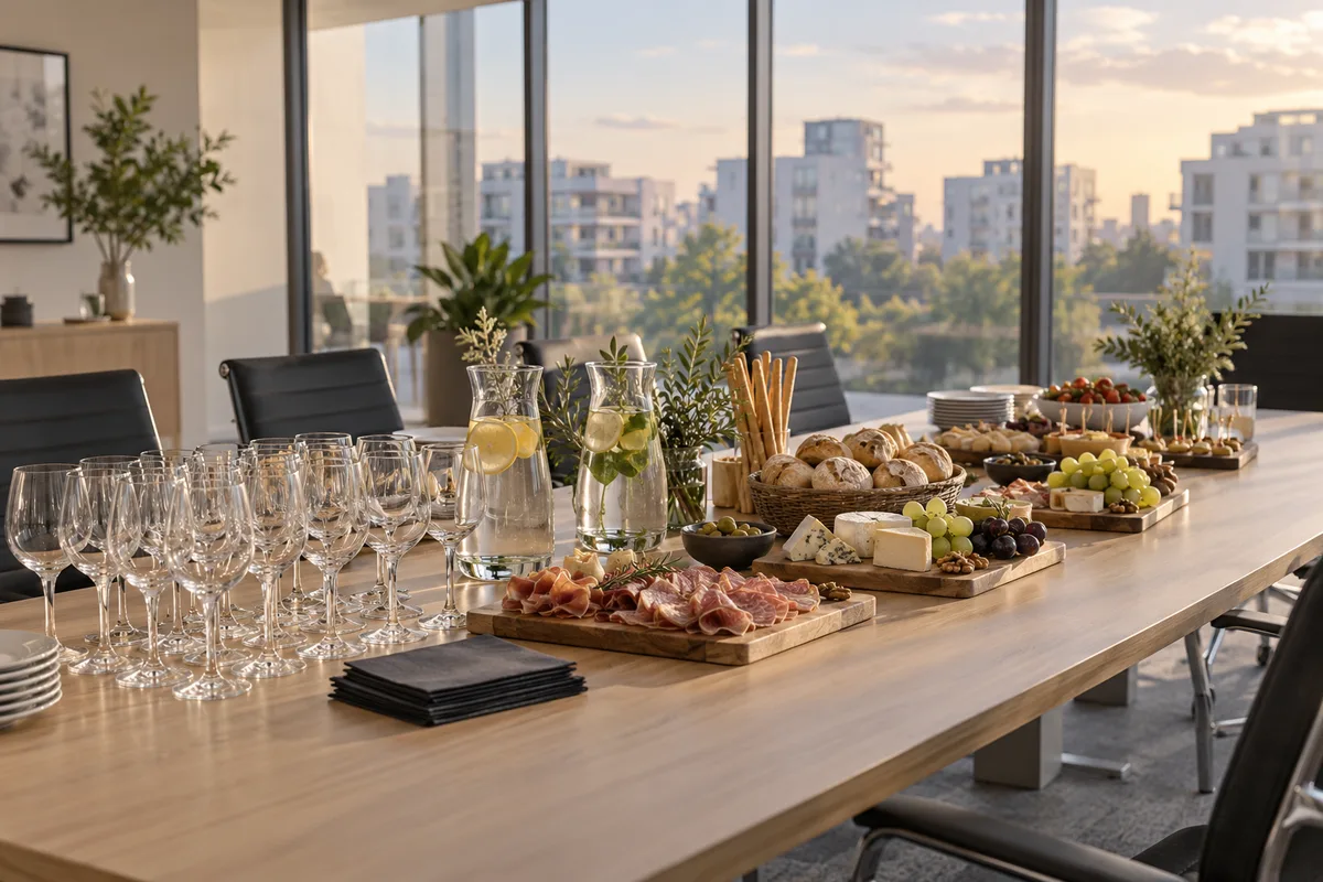 Table de pot d&rsquo;équipe dans un bureau aux grandes baies vitrées, verres et planches de charcuterie