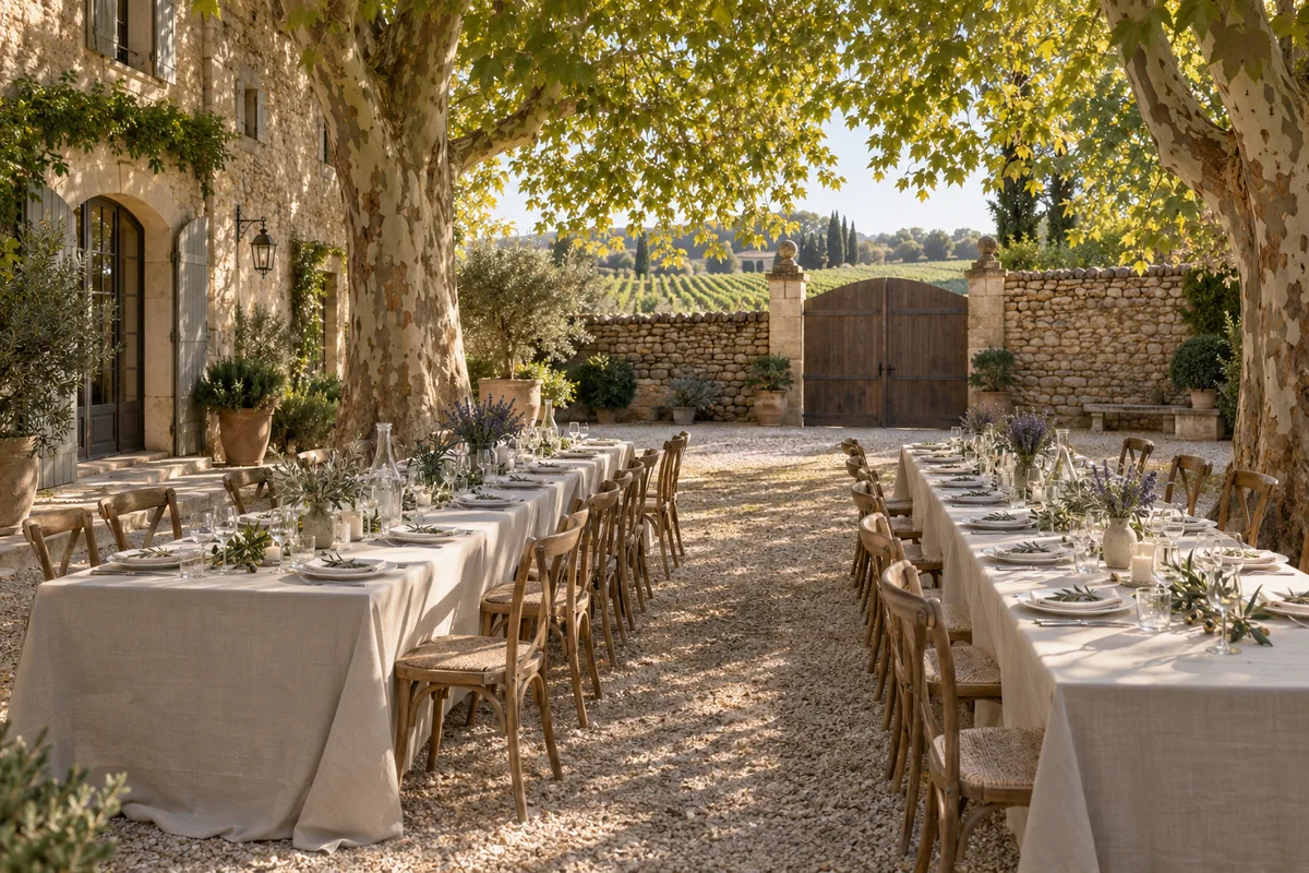 Cour ombragée d&rsquo;un domaine viticole avec platanes et tables longues dressées en lumière dorée