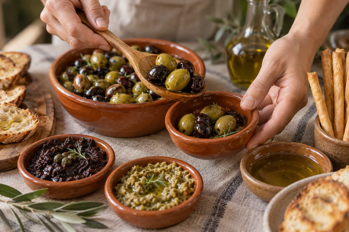 Mains disposant des olives et des tapenades dans des coupelles en terre cuite sur une nappe en lin