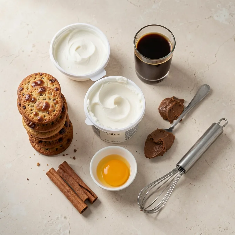 Spéculoos, mascarpone et tasse d’expresso froid disposés sur un plan de travail clair