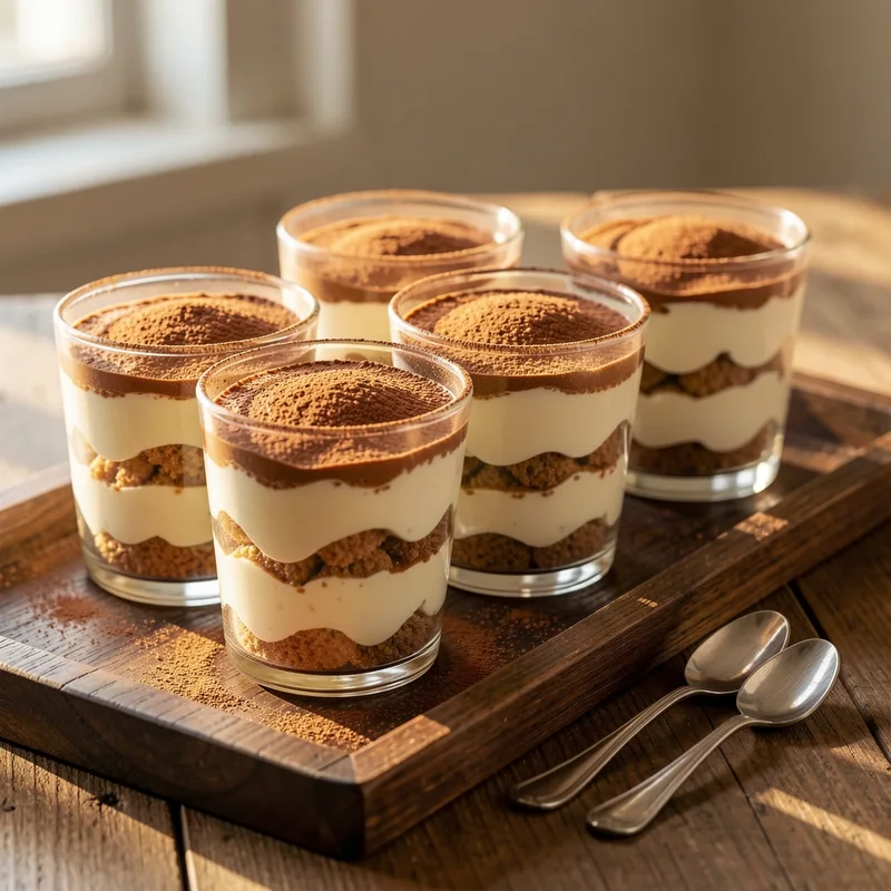 Verrines de tiramisu au spéculoos en couches nettes sur un plateau de bois
