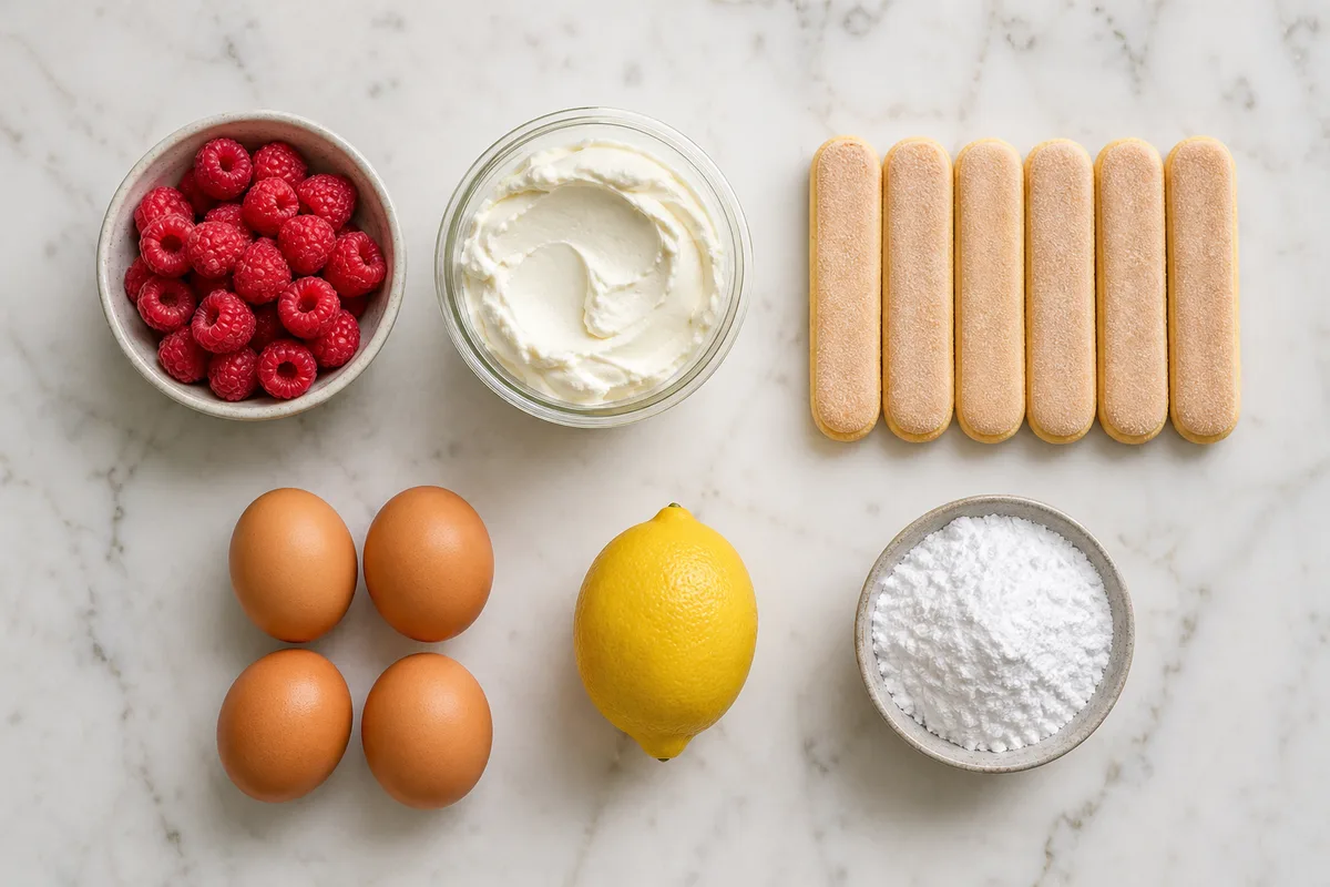 Framboises fraîches, mascarpone et biscuits à la cuillère disposés sur un plan de travail clair