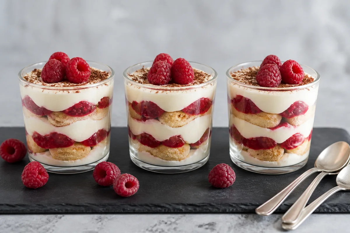 Verrines de tiramisu aux framboises en couches nettes sur un plateau