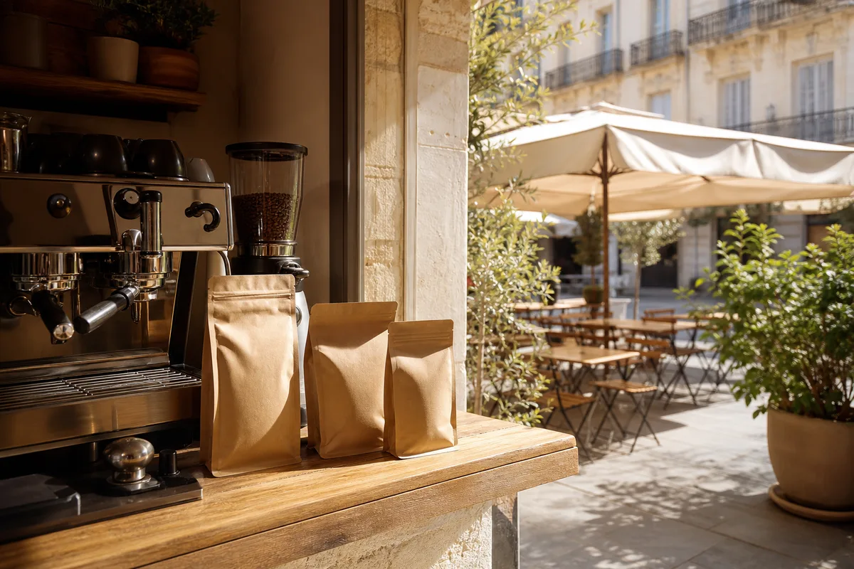 Comptoir de coffee shop avec machine à expresso et sacs de café en grains