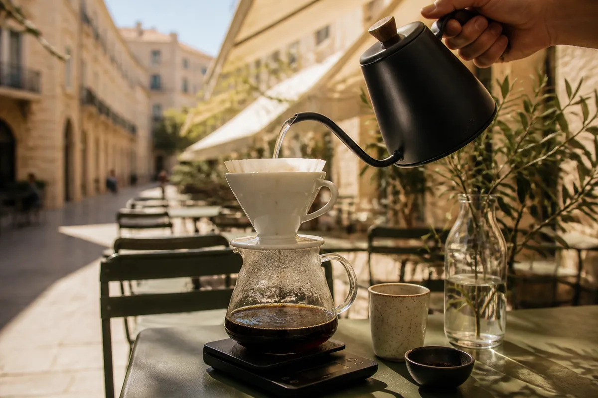 Service filtre en V60 avec bouilloire à col de cygne et balance de précision