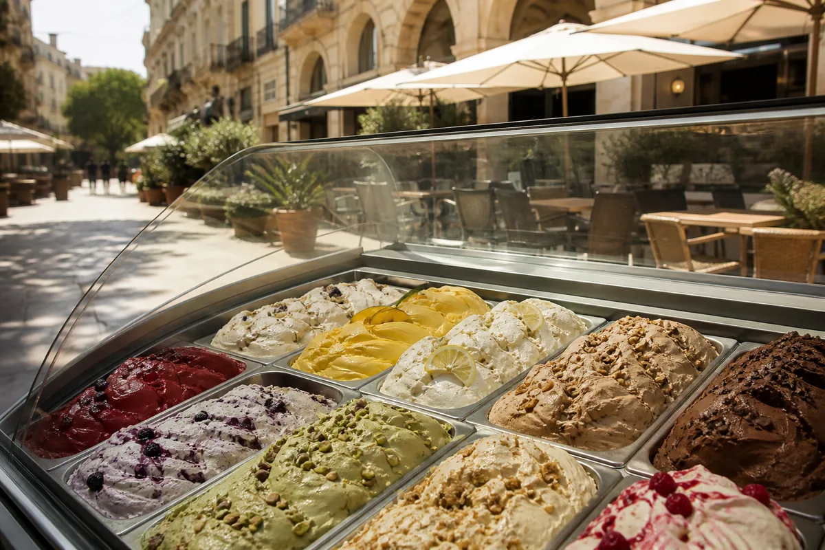 Bacs de glaces artisanales aux couleurs naturelles derrière une vitrine