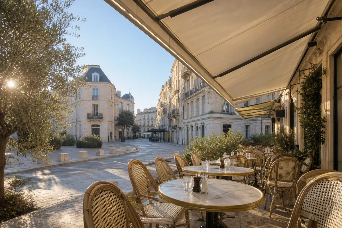 Terrasse méditerranéenne au soleil, tables rondes en métal, tasses à espresso et carafe d'eau sur un plateau