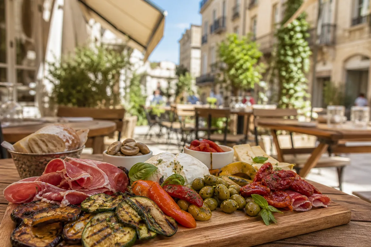 Assortiment d&rsquo;antipasti italiens sur une planche en bois, légumes et charcuteries