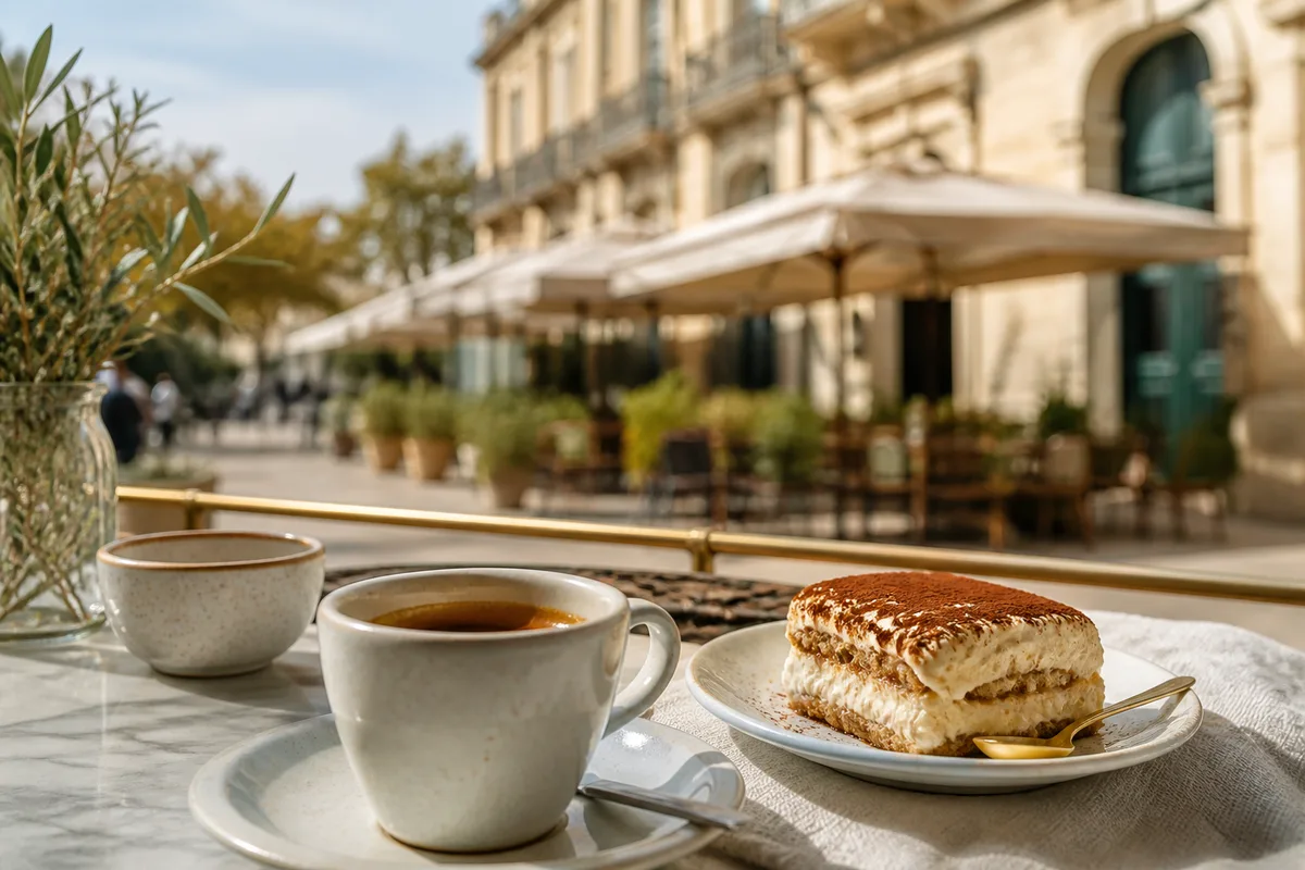 Tasse d&rsquo;expresso italien posée près d&rsquo;un dessert crémeux sur une table