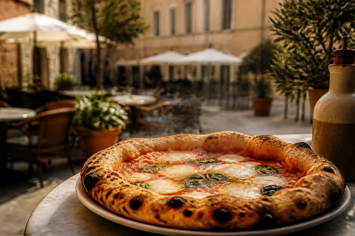Pizza napolitaine à la sortie du four à bois, bord gonflé et cloqué