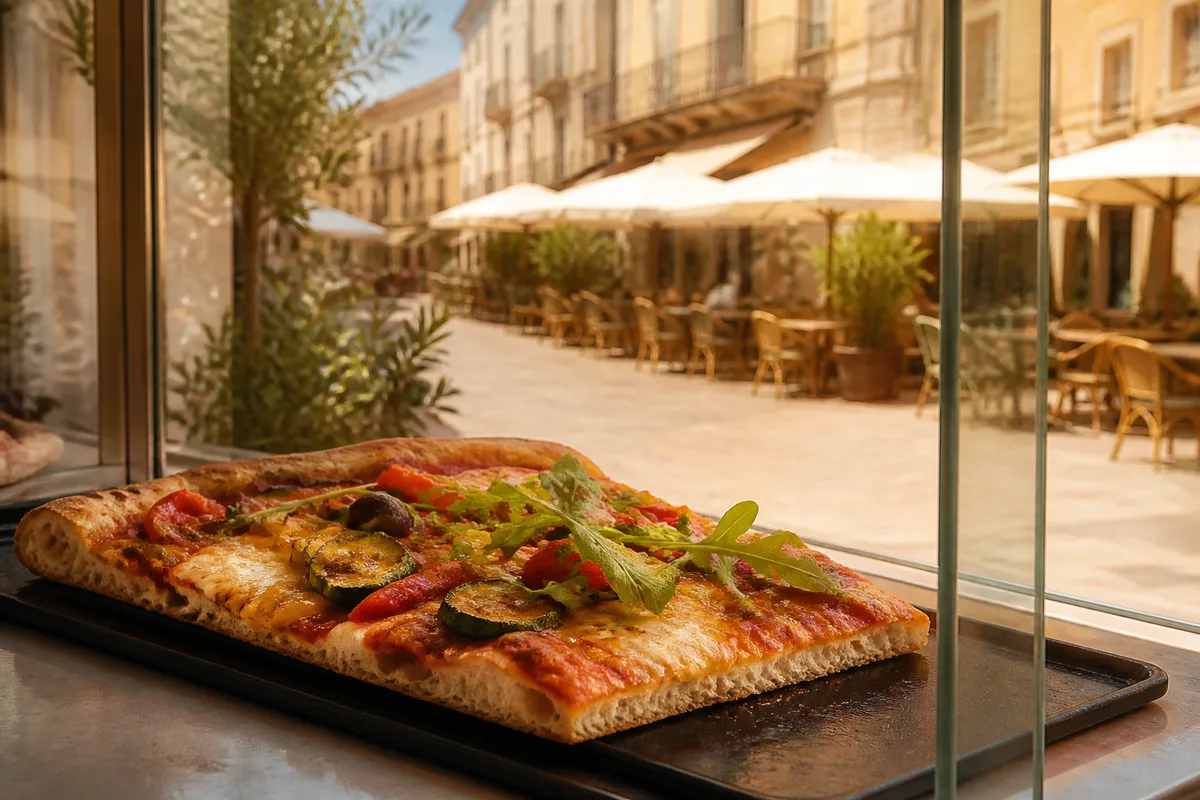 Part de pizza à la coupe présentée sur une plaque dans une vitrine