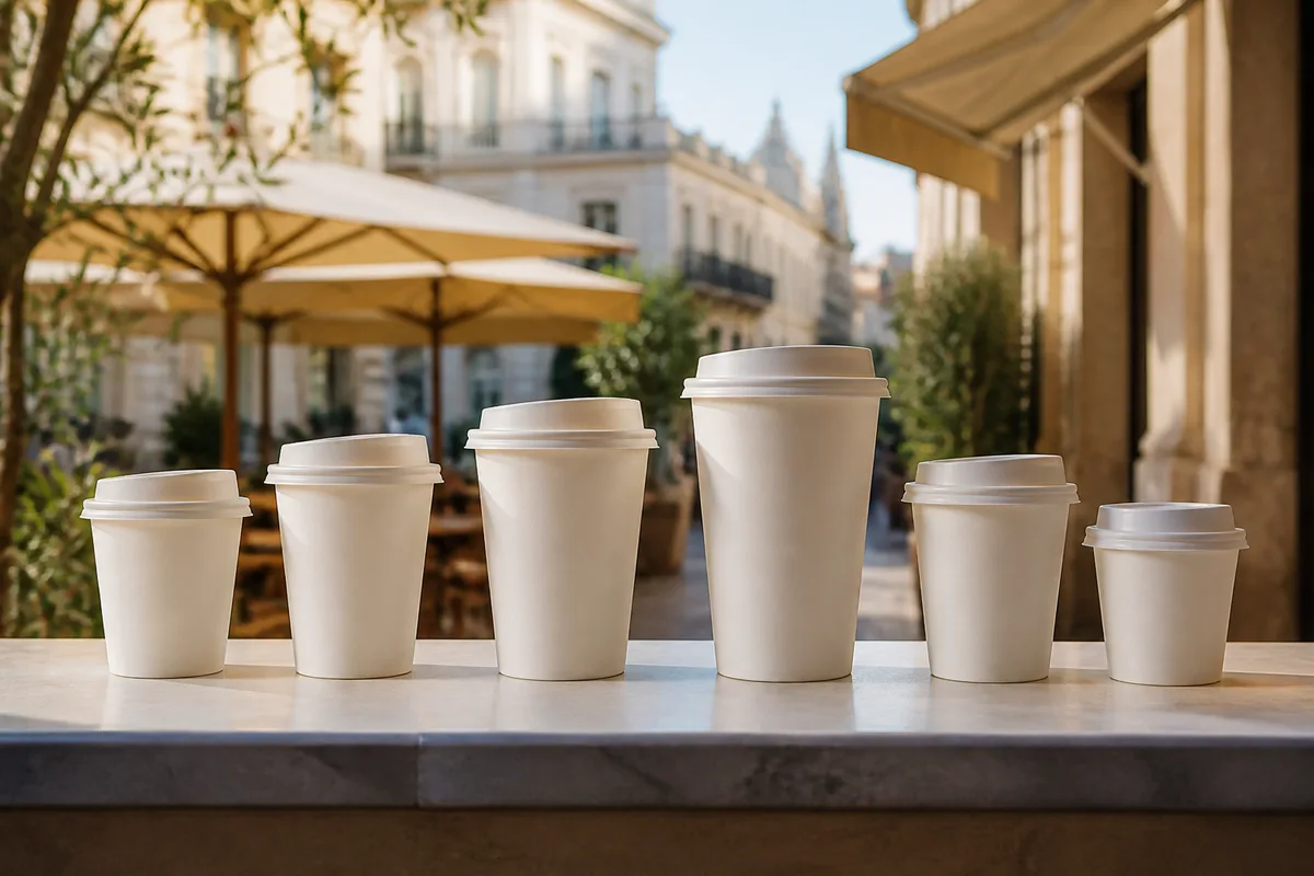 Gobelets de café à emporter de différentes tailles alignés sur un comptoir