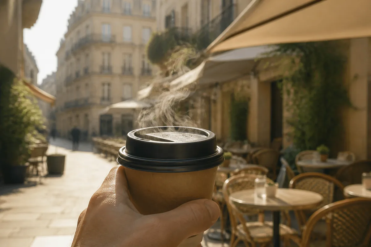 Couvercle de gobelet et vapeur de café dans une main, lumière du matin