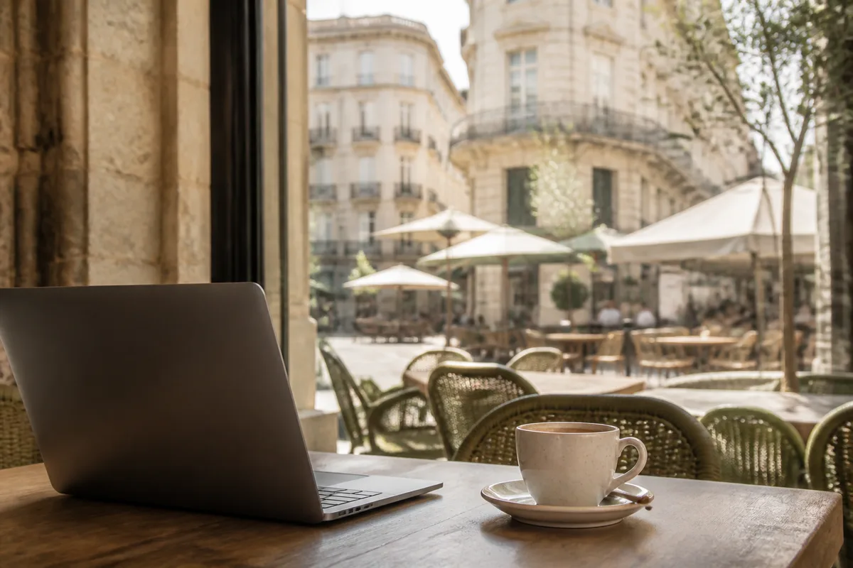 Ordinateur portable et tasse de café sur une table près d’une fenêtre