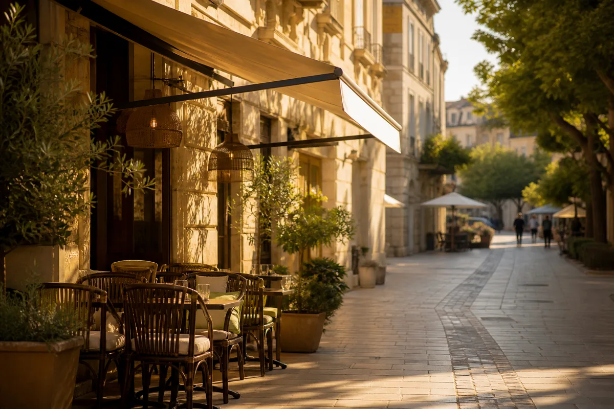 Terrasse ombragée le long d&rsquo;une allée piétonne à Montpellier en fin d&rsquo;après-midi