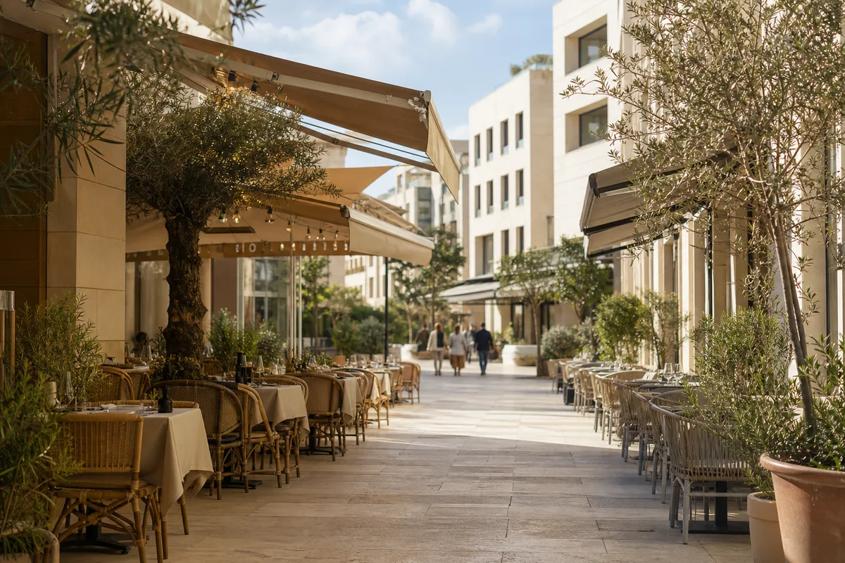 Allée piétonne bordée de terrasses de restaurants dans le quartier d&rsquo;Odysséum à Montpellier
