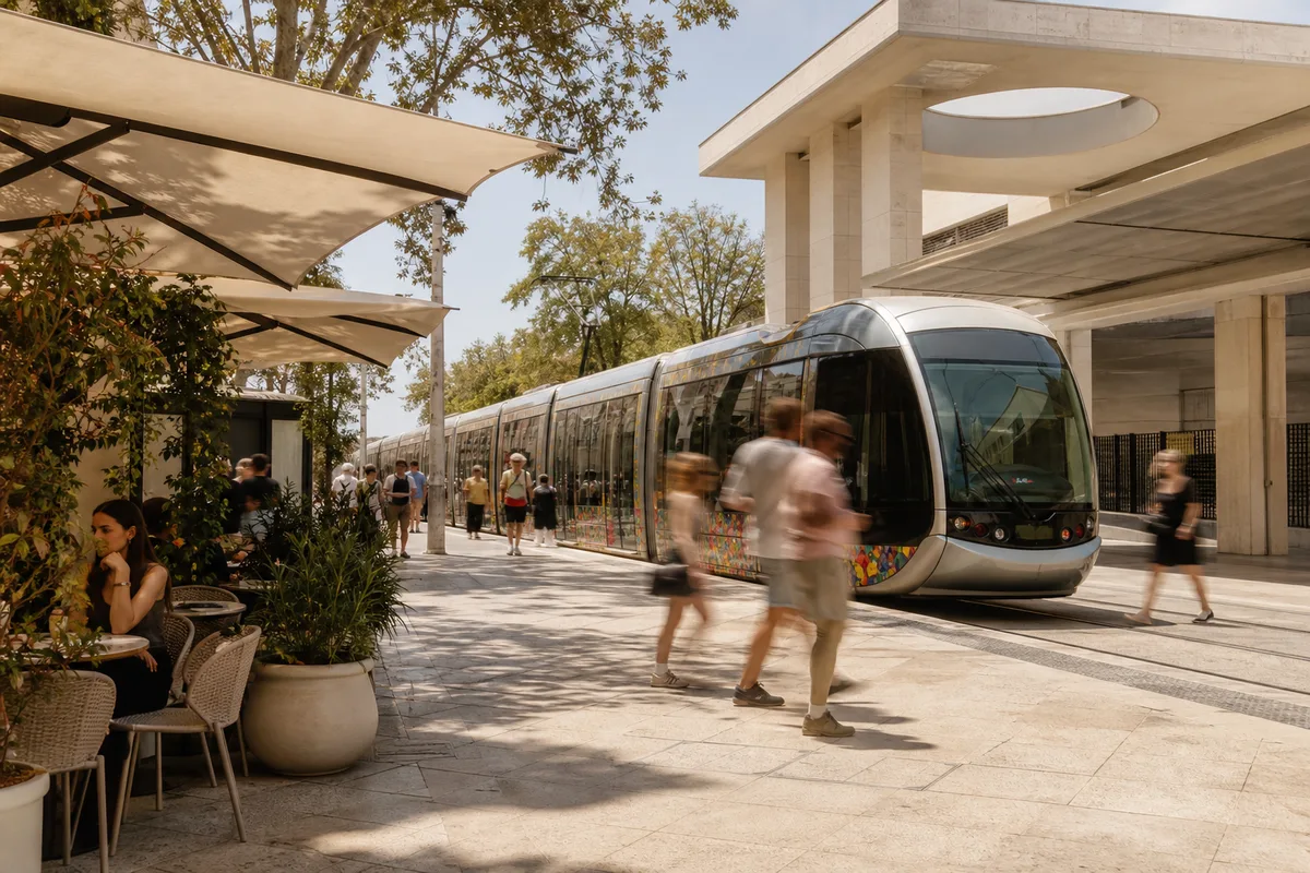 Rame de tramway à la station Odysséum avec des passants sur le parvis